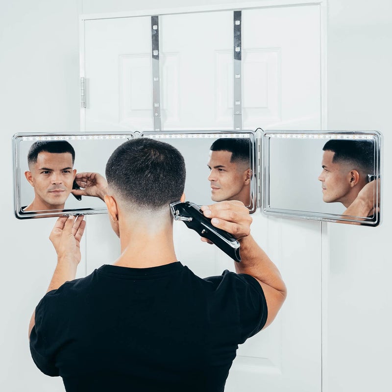 Self-Cut System LED 3 Way Mirror for Self Hair Cutting, Trifold Barber Mirror with Height Adjustable Hooks, 360 View, Includes Free Educational Mobile App (Heaven Lights) - Image 4